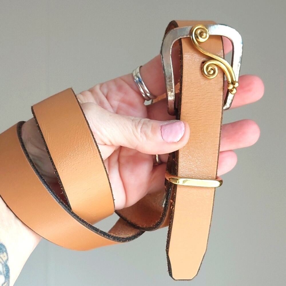 VTG signed Baldwin Leather belt Nude brass silver tone 1970's ornate